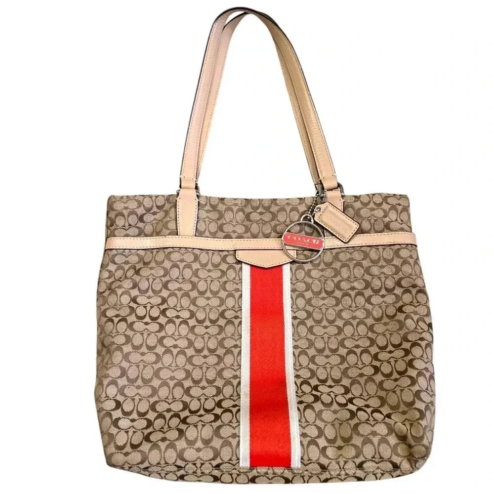 Coach Signature Silver Khaki Hot Orange Purse Jacquard Fabric Leather #056